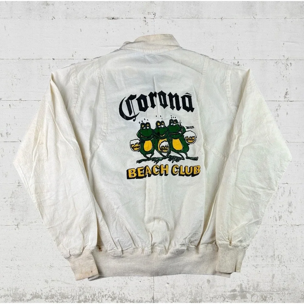 Vintage Corona Beach Club Jacket Mens Medium White Tijuana Beer Frogs Distressed